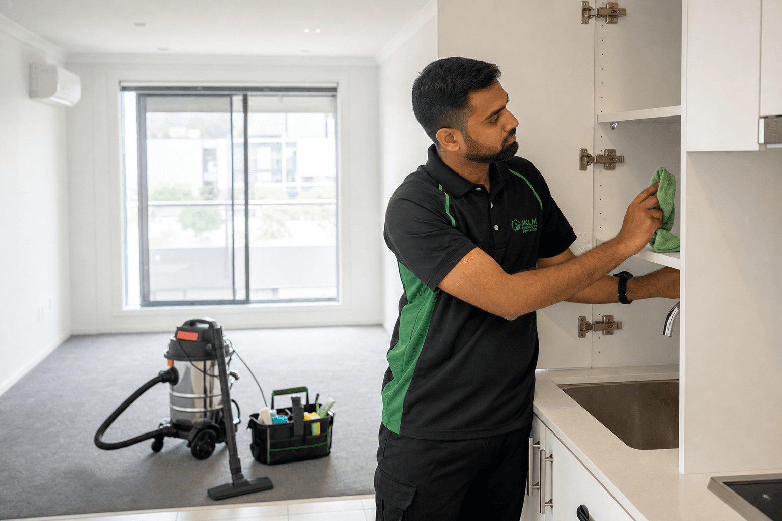 JKLM cleaner wiping an empty apartment cabinet during an end-of-lease clean