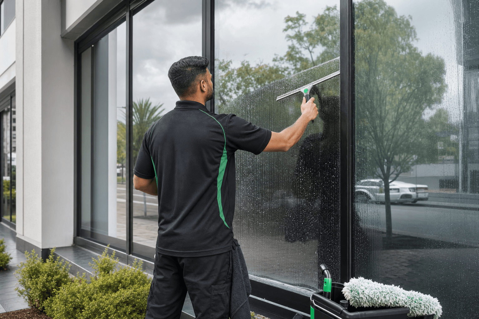 JKLM cleaner using a squeegee on commercial exterior windows